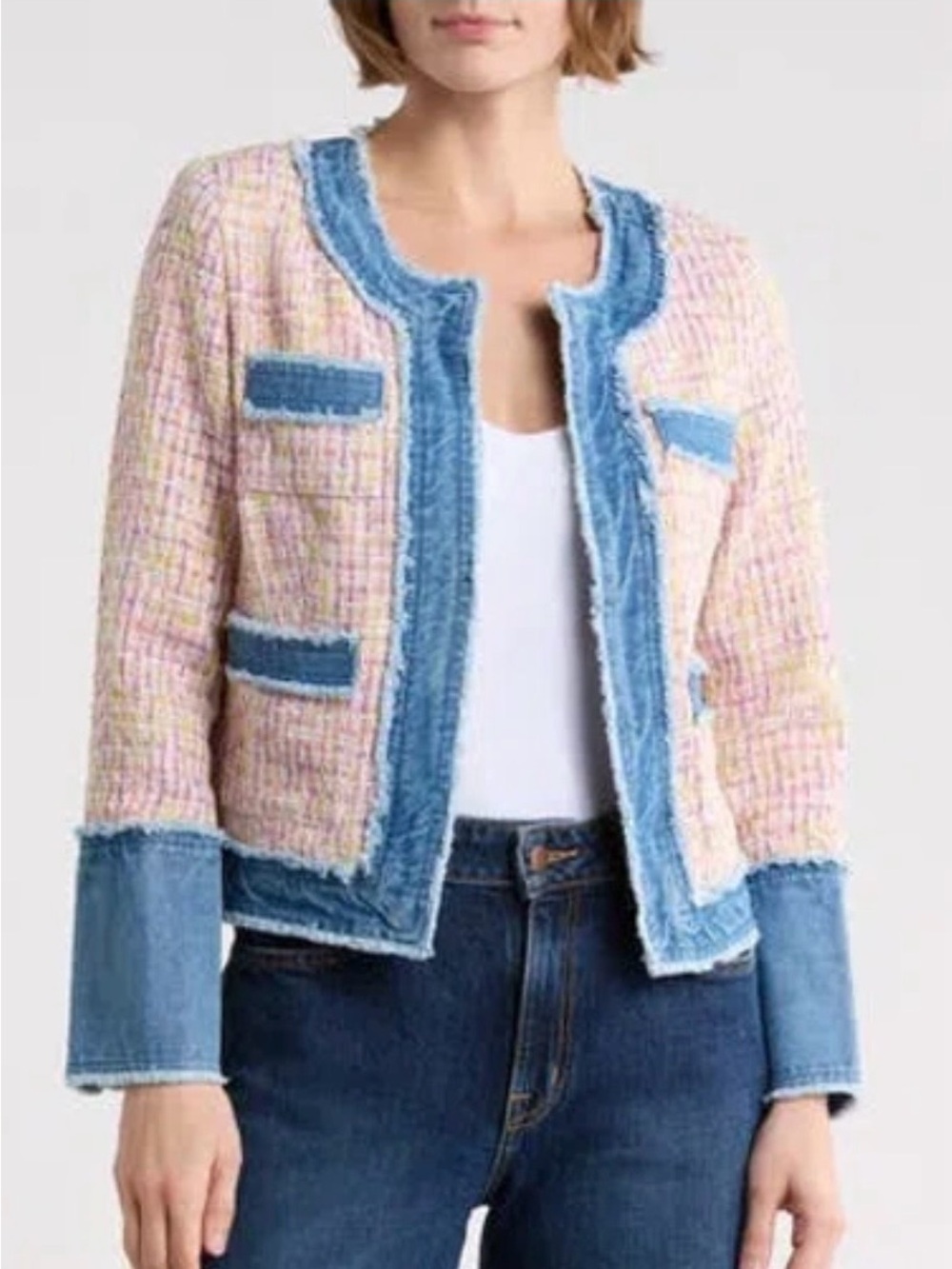 Nanette Lepore Pink Tweed Jacket with Blue Denim Trim